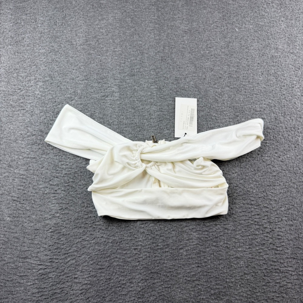 Club L London Crop Top Women's Size 8 White Good Vibes Bardot Halter Cut Out